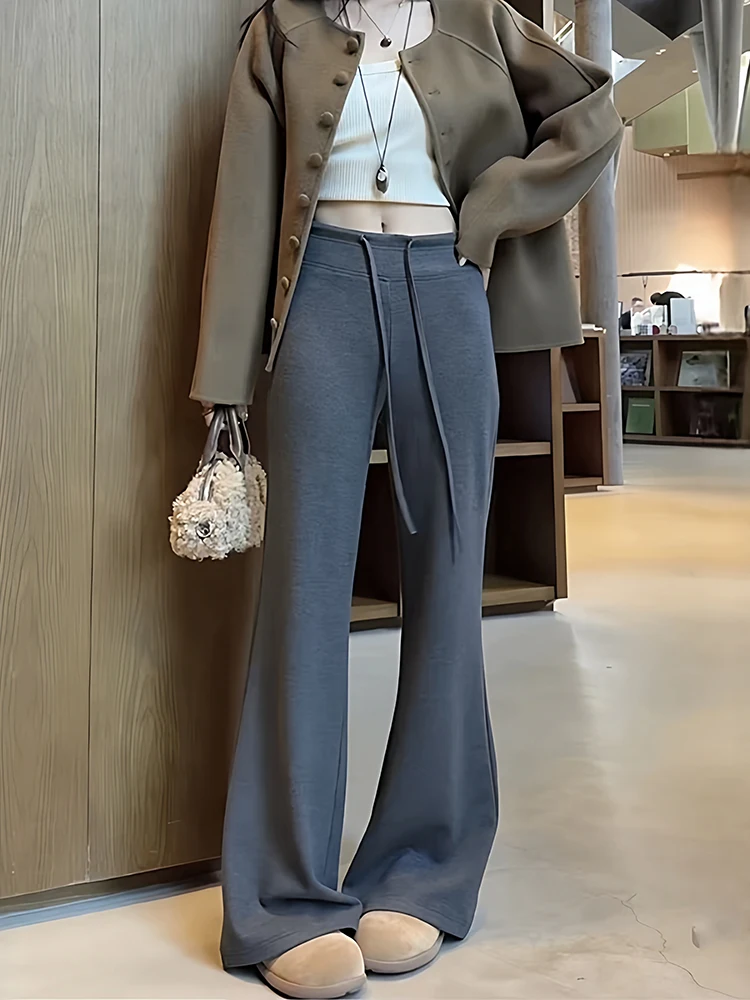 

ay Шерстяные широкие брюки женские осенне-зимние новые облегающие брюки для йоги с высокой талией микро расклешенные драпированные клейкие спортивные брюки