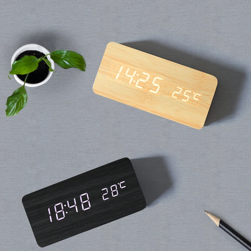 USB/AAA Clocks LED Wooden Bedside Alarm Clock Watch Table Voice Control Digital Wood  Electronic Desktop Table Decor