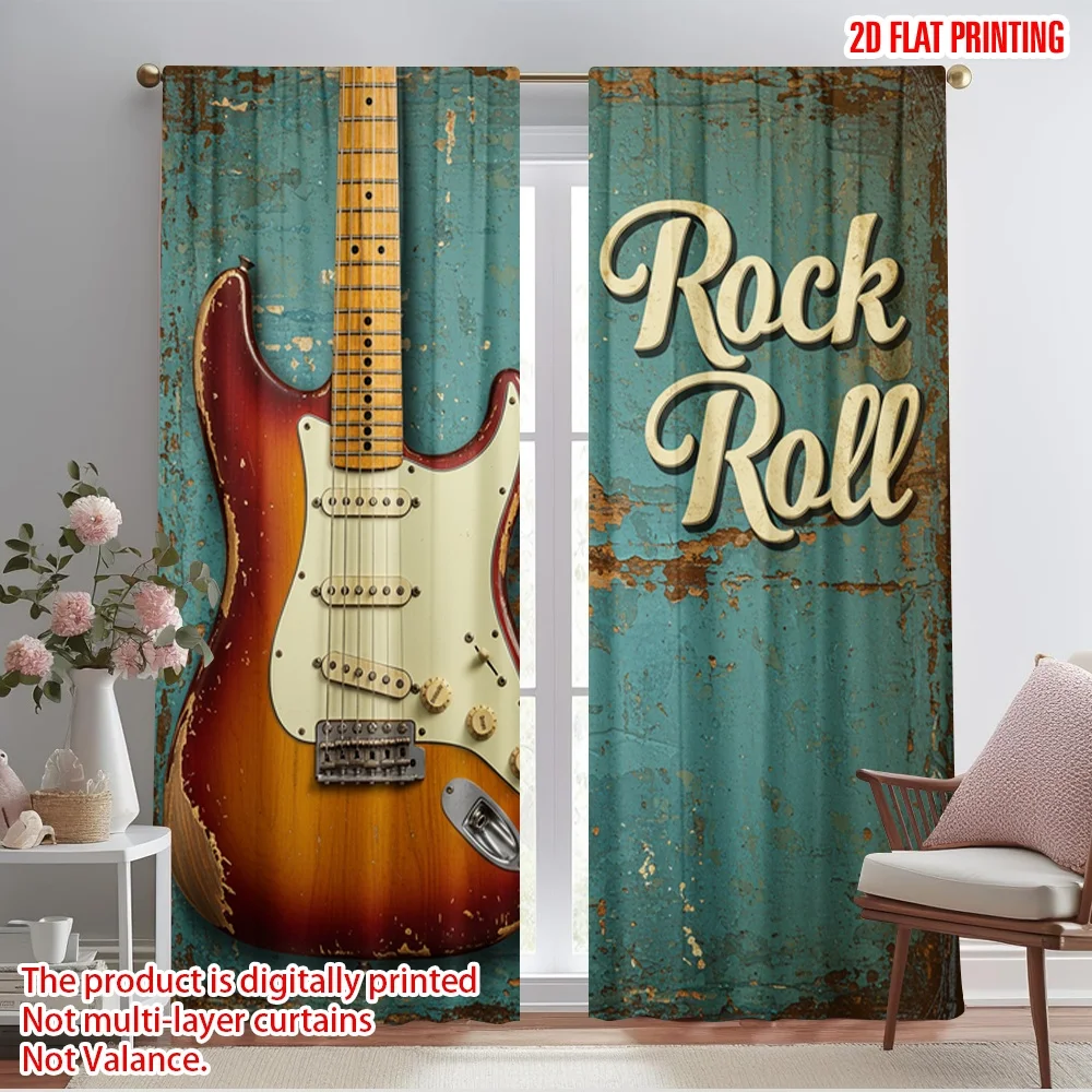 2pcs 2D flat printing Curtains Vintage Guitar Rock Roll Fabric Without Electricity 0 for Yard & Garden No Power Needed