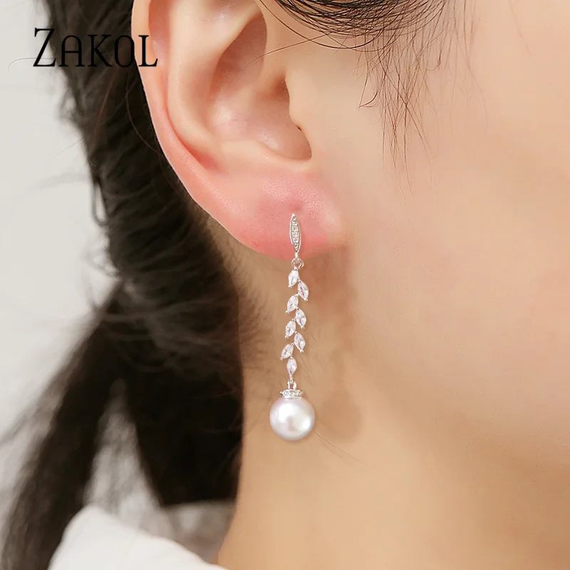 ZAKOL Fashion Round Imitation Pearls Drop Earrings for Women Shinny Zirconia Crystal Leaf Long Bridal Earring Wedding Jewelry