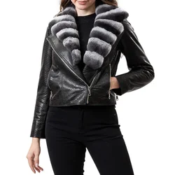 2026 Spring New Women's Rabbit Fur Collar Black Genuine Leather Long Sleeve Jacket, Motorcycle Style, Personalized B240414