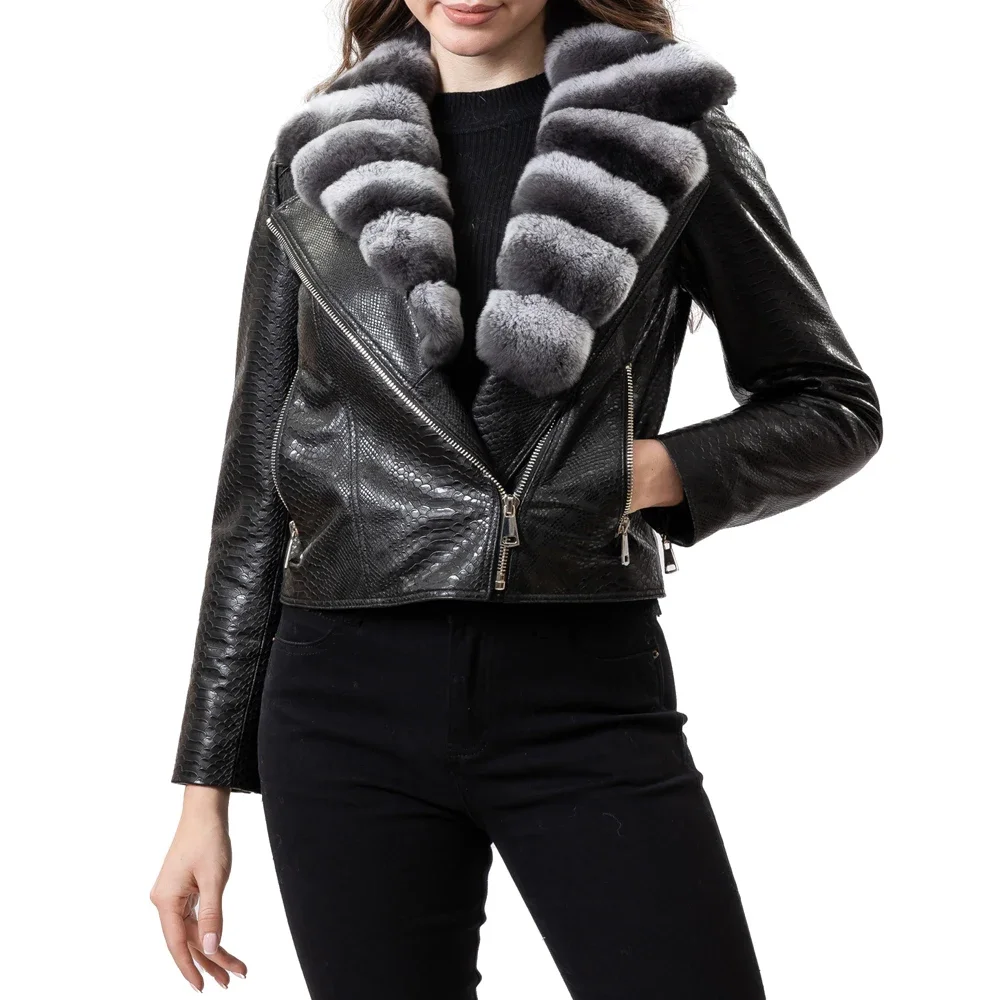 2026 Spring New Women's Rabbit Fur Collar Black Genuine Leather Long Sleeve Jacket, Motorcycle Style, Personalized B240414