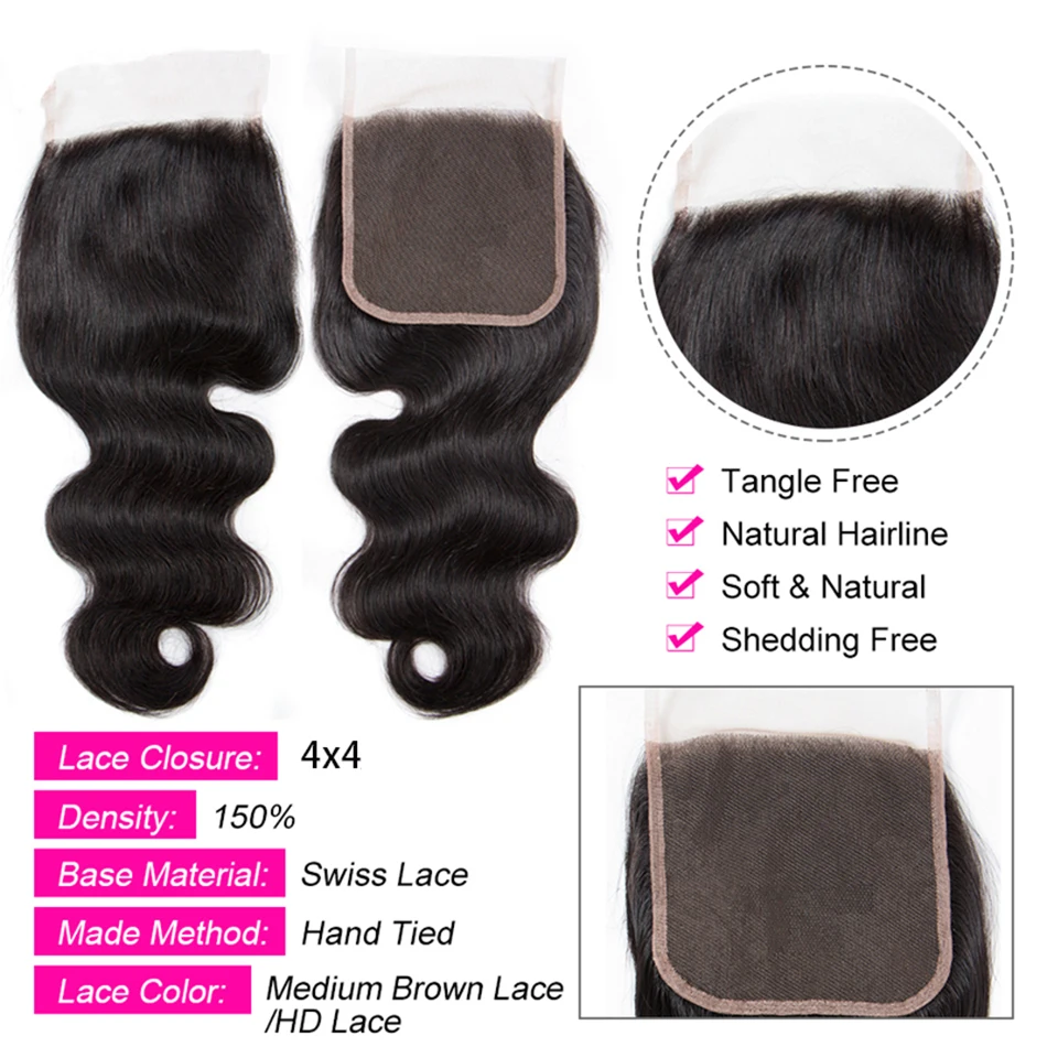 4X4 Lace Closure Peruvian Straight Deep Water Wave Curly Closure 100% Human Hair Natural Color Remy Hair Swiss Lace 10-24 inches