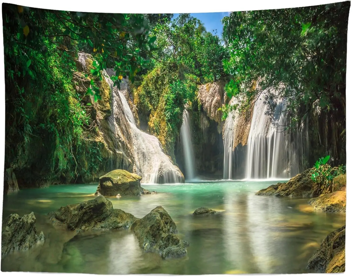 Natural Waterfall Tapestry Green Plants Mountain Lake Cascade Paradise Wall Hanging Nature Outdoor Tapestry for Bedroom