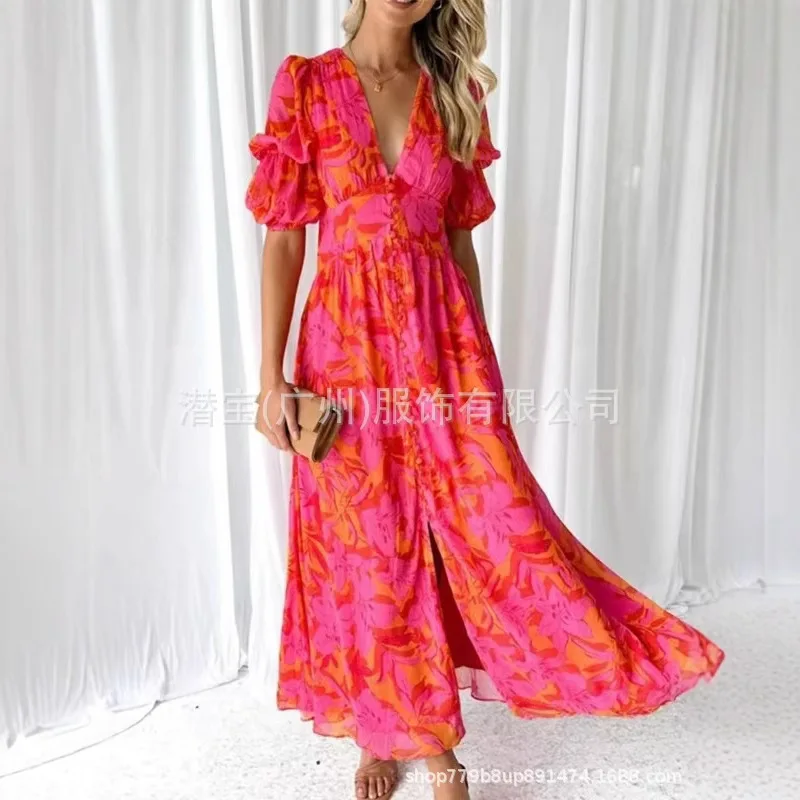 

Women's Red Dress V-neck High Waist Puff Sleeve Summer Button Slit Fashion Sweet Holiday Long Dress for Female