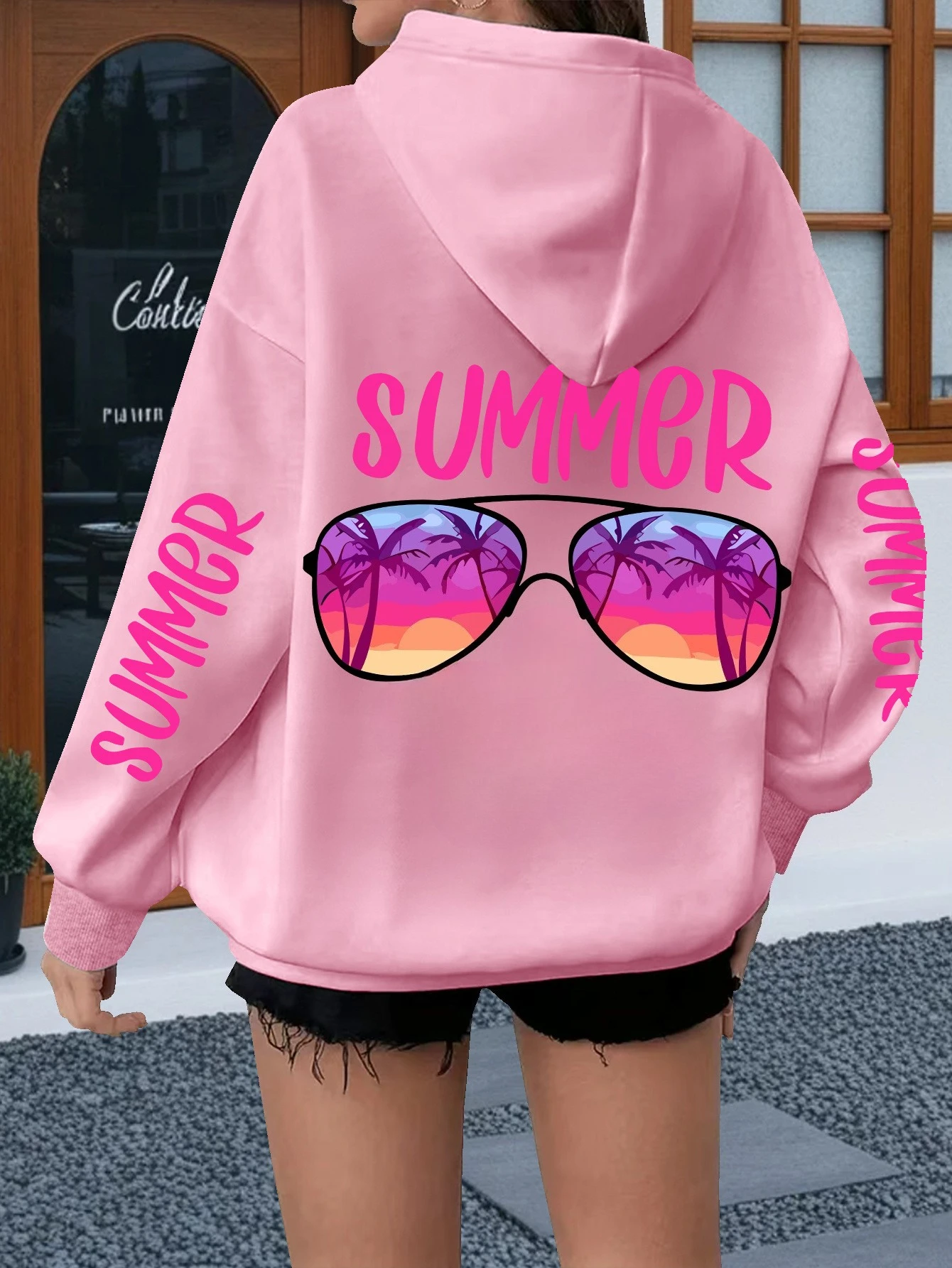 Women Loose Hooded Sweatshirt Summer Sunglasses Palm Tree Back Sleeve Graphic Print Soft Warm Beach Street Casual Hoodie