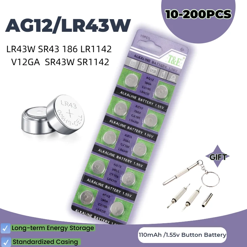 Топовые 1,55В 10-200 шт. батарейки-таблетки AG12 186 386A RW44 G12A LR1142 для часов, игрушек, пультов дистанционного управления SR43SW AG 12, щелочные батарейки-таблетки.
