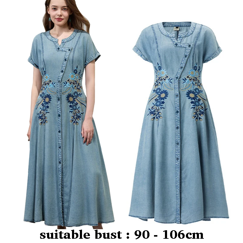 

High quality long denim dress for women short sleeve cotton flower embroidery 2025 summer lady elegant vintage clothes blue