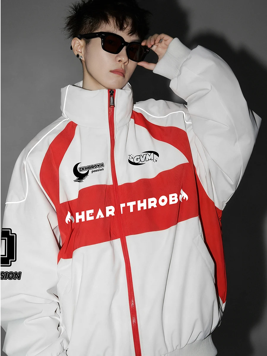 

American Contrast Color Motorcycle Cotton Jaet Men's Thi Warm Winter Coat Trendy Brand Stand Collar Cotton Outerwear Wint...