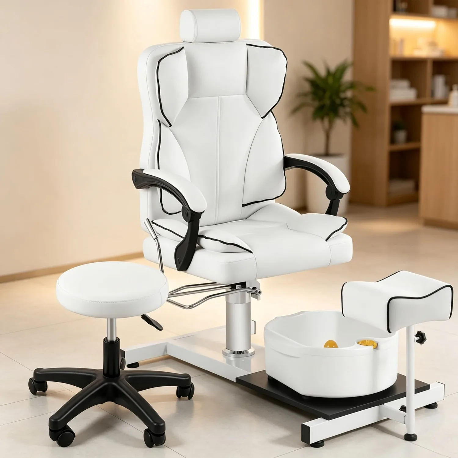 Pedicure Station No Plumbing, Hydraulic Lift Pedicure Chairs with Stool & Bubble Massage Foot Bath, 360 Swivel Pedicure