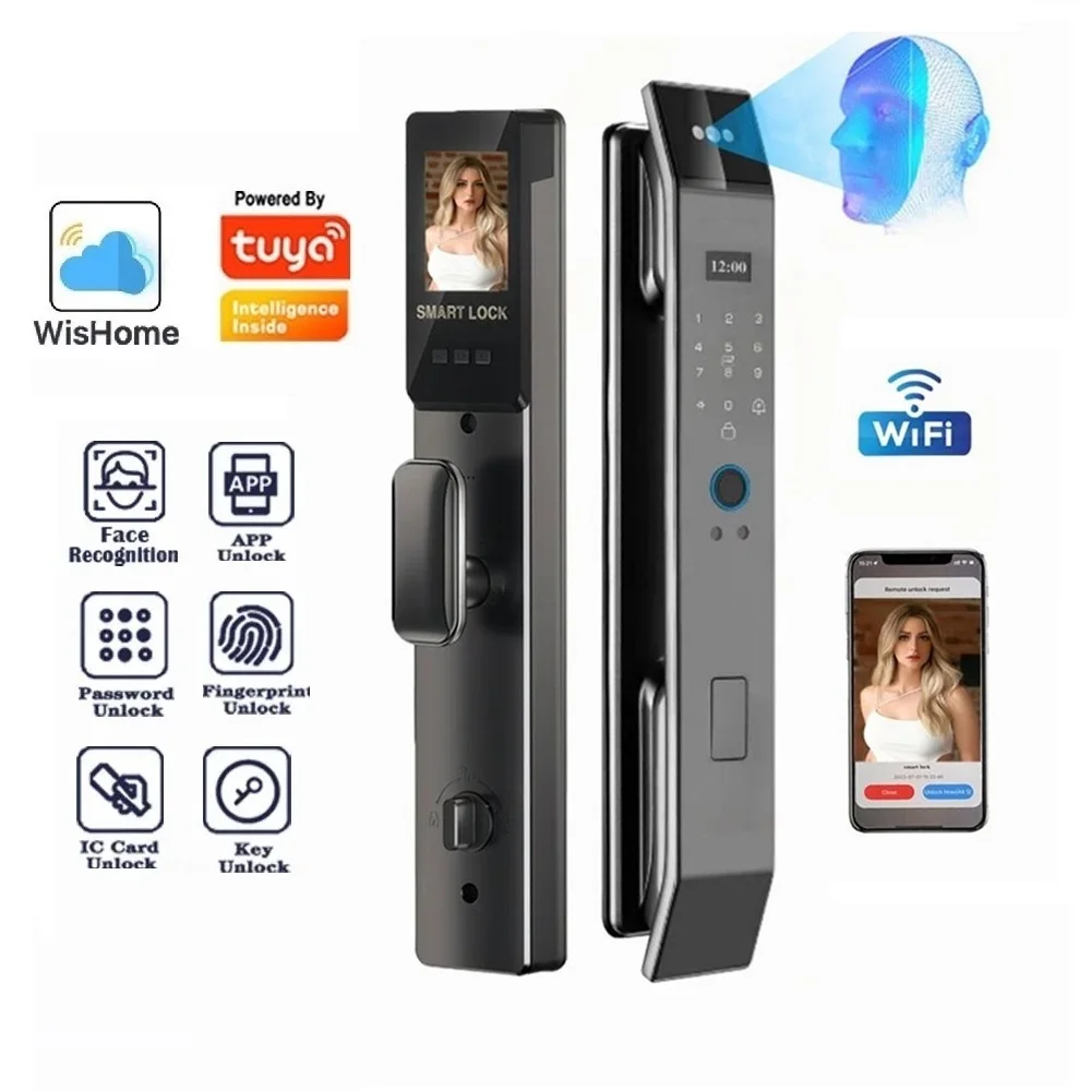 Palm Vein 3D Face Recognition Smart Digital Lock with Tuya Wifi App Active Intercom Fingerprint Key Card Code for 6068 Mortise