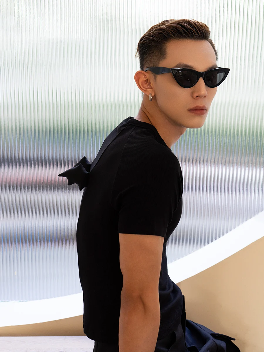 

Black Devil Print Slim Fit Short Sleeve T-Shirt Unisex Elastic Stripe Design Citylaziestplayer Original Design Street Style