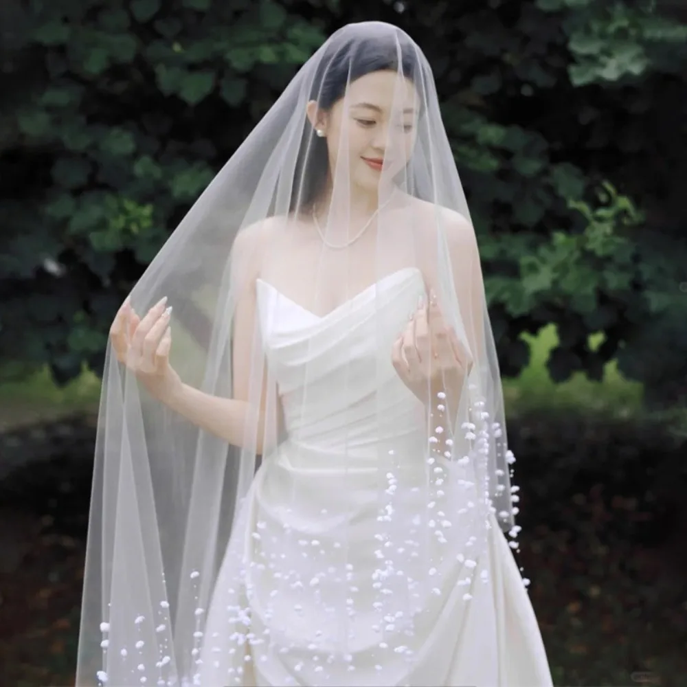 

White One Layer Wedding Bridal Blusher Veil Accessories with Soft Tulle with Pearl Tassel Cut Edge Without Comb 2025