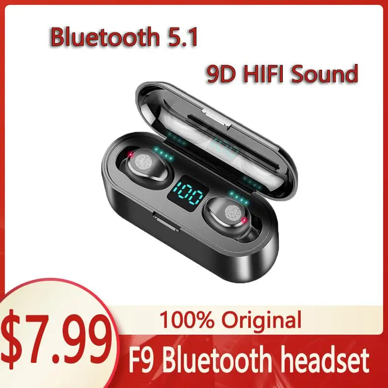 Original F9 Wireless Headphones TWS Bluetooth Earphones 5.1 Hand Free 9D Stereo Sports Earbuds Waterproof Touch Headset with Mic