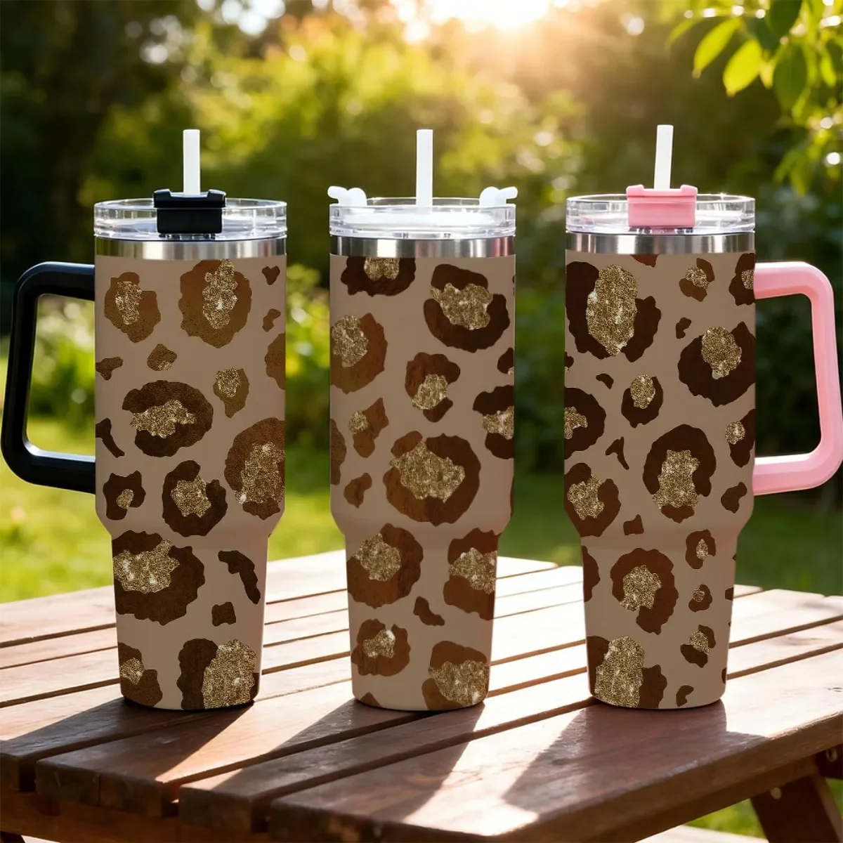 40oz Insulated Tumbler with Handle, Glitter Gold Leopard Print, Black & White In Stock, Other Colors Randomly Ship Black or White