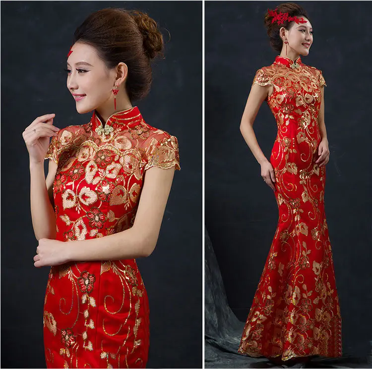 Vestido de novia chino rojo de manga corta para mujer, Cheongsam dorado, ajustado, tradicional, Qipao para fiesta de boda