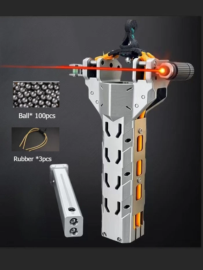 Double-clamp Rapid-fire Slingshot with Hollow Handle, Free with 100 Steel Balls 3 Bands and Laser, Ideal Outdoor Hunting