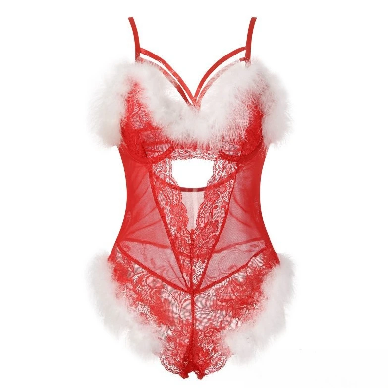 Christmas Red Sexy Lingerie for Women Lace Bodysuit Christmas Santa Claus Role-Play New Year Outfits Xmas Erotic Nightgown