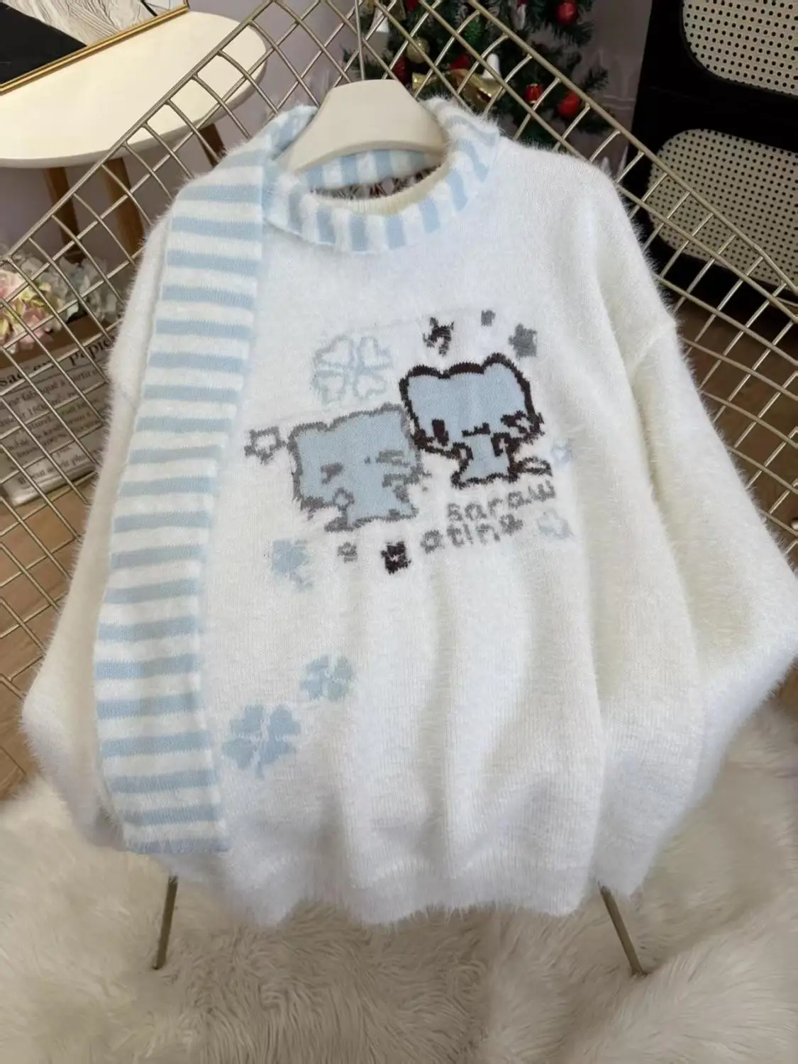 Women Loose Warm Cartoon Knitted Pullover Sweater Harajuku Korean Sweet Style Casual Long Sleeve Daily Fashion Tops Outfits