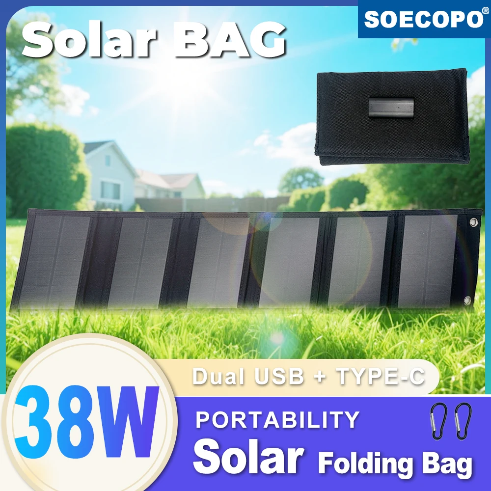 SOECOPO 38W Portable Camping Solar Panel Bag Foldable Dual Interface(Design USB + Type - C) Power Bank Charge Phone 5V Ports