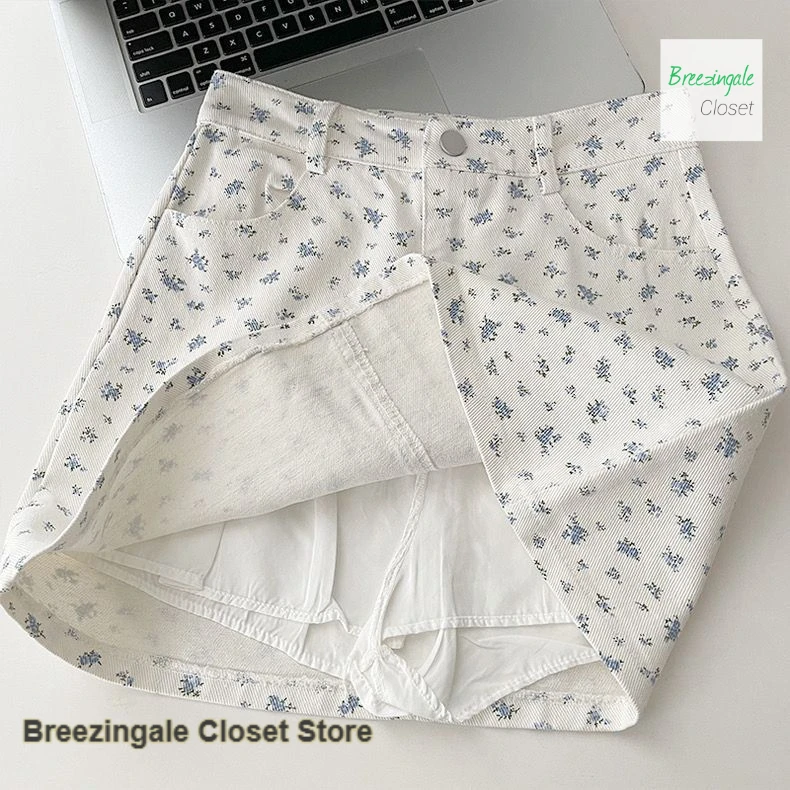 

Korean-style high-waisted denim A-bag hip short skirt female spring and summer new fashion temperament floral Joker short skirt