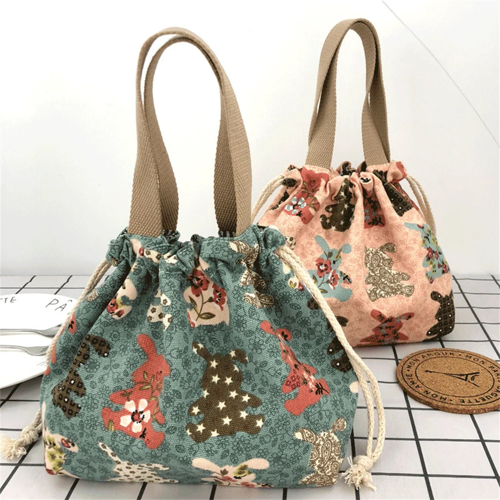 New Cute Bento Bag Handbag Student Canvas Lunch Box Bag Lunch Bag Handheld Bento Bag Womens Portable Drawstring Bag Handheld Bag