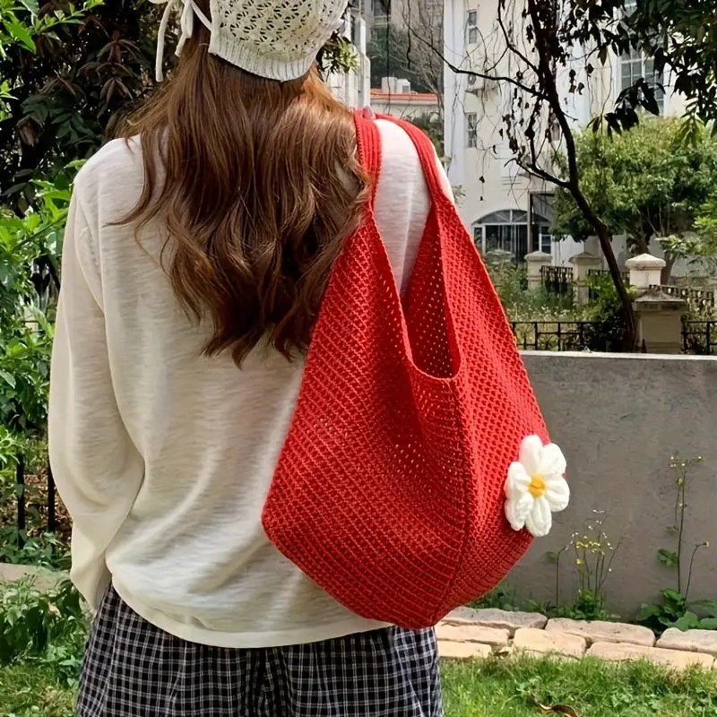 

Summer Handmade Woven Bag Women's Shoulder Bag Large Capacity Tote Bag Seaside Beach Vacation Cotton Thread Knitted Bag NEW