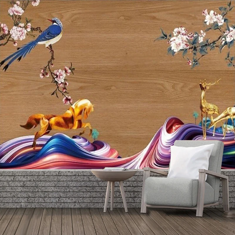 New Chinese-Style Oil Painting Of A Flying Crane And Birds On A Wooden Board With Flowers As The TV Sofa Background Wall