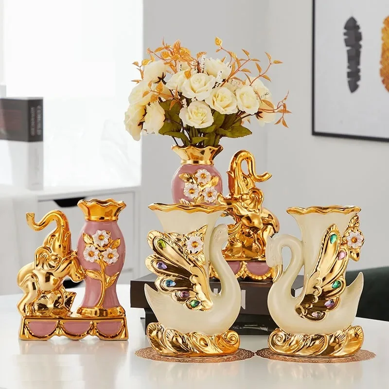 1pcs European Ceramic Gold Vase Arrangement Dining Table Home Decoration Accessories Creative Golden Swan Vases