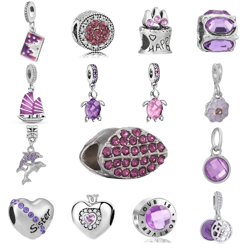 Purple Love Heart Diamonds Charms Beads For Pandora Bracelets Keychain Necklace DIY Jewelry Accessories For MOM Festive Gifts