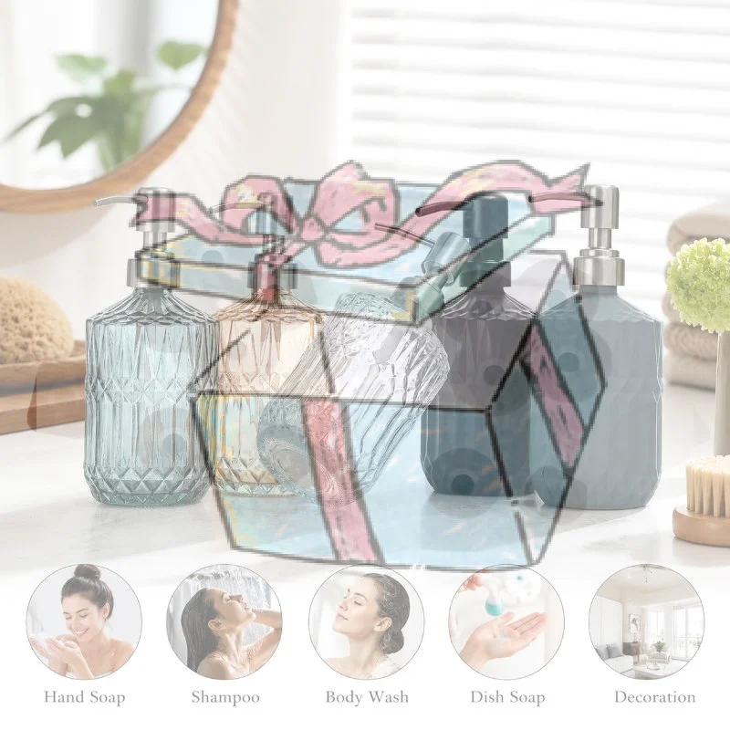 【CCA】Glass Hand Soap Dispenser With Diamond Textured And Rustproof Pump For Bathroom Kitchen Countertop