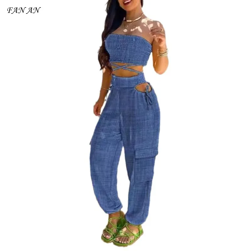 2024 Women's Dress Strapless Strapless Midriff Lace-up Cargo Pants Pocket Denim Blue Waist Pants Set Two-piece Women's Dress