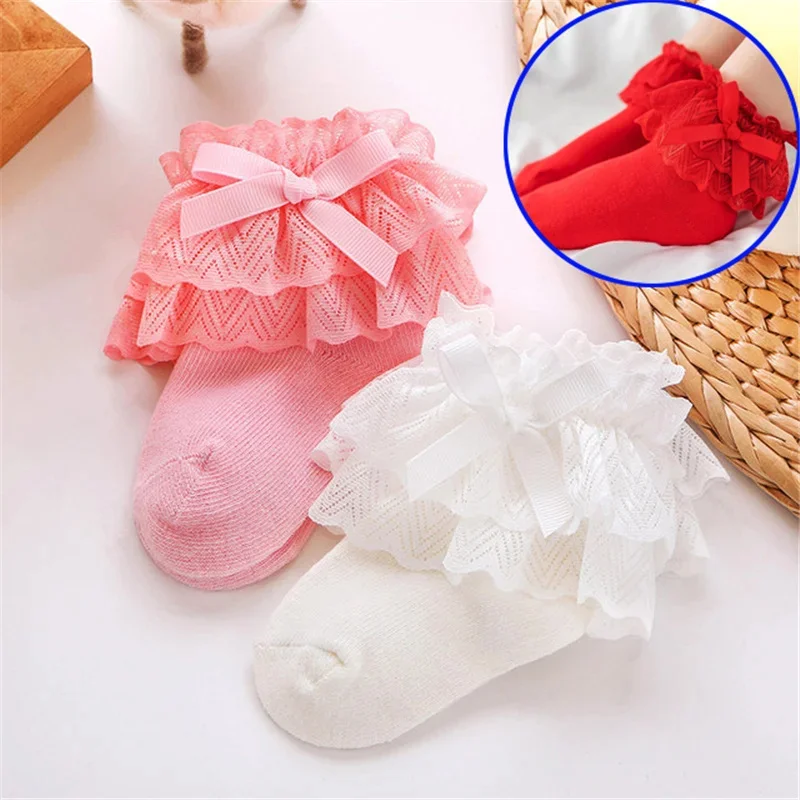 

1 Pair Baby Girls Socks Flower Edge Bow Soft Combed Cotton Kids Short Socks Latest Popular Bowknot Newborn Sox