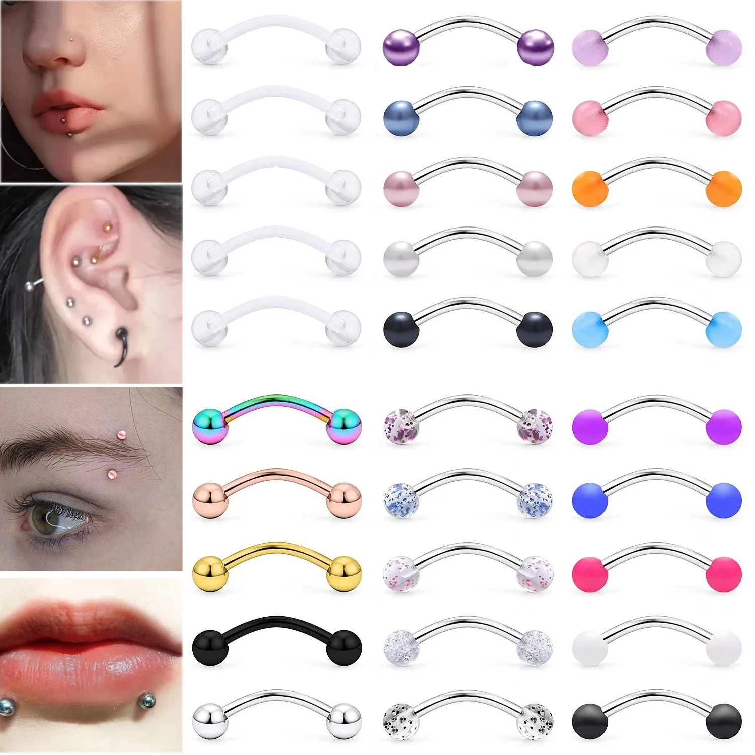 30PCS/Set 16G Eyebrow Rings Tragus Helix Rook Daith Earrings Lip Ring Barbell Body Piercing Jewelry Retainer 6/8/10/12mm