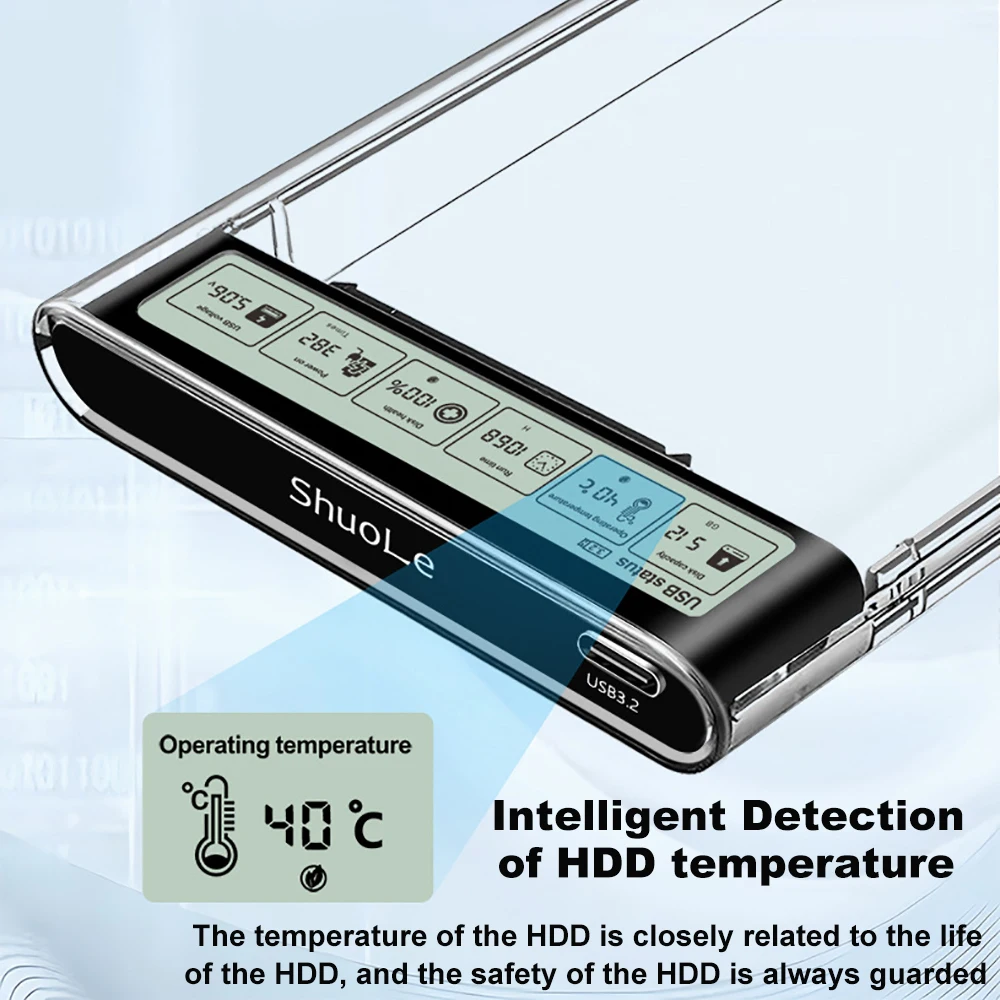 Smart Display HDD Case 2.5 Inch Transparent HDD Enclosure USB3.2 Gen2 External HDD Shell SATA HDD SSD Storage Case for Laptop PC