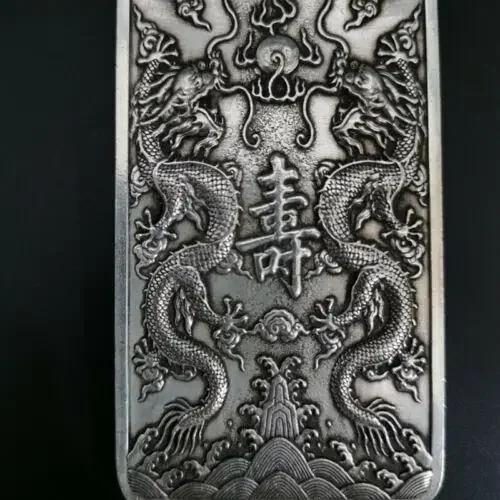 Old Chinese tibet silver handcarved Double Dragon Waist card Pendant