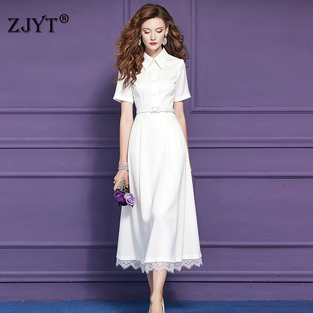 

Летнее платье-рубашка ZJYT Runway Fashion миди для женщин 2026 года, повседневное, с кружевными вставками и поясом, бежевое, А-силуэт, Vestidos