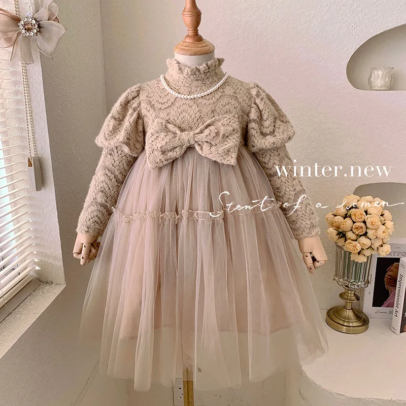 

Korean Fleece Princess Dress for Girls, Autumn and Winter Fashionable High-end Puffy Tulle Dress for Children