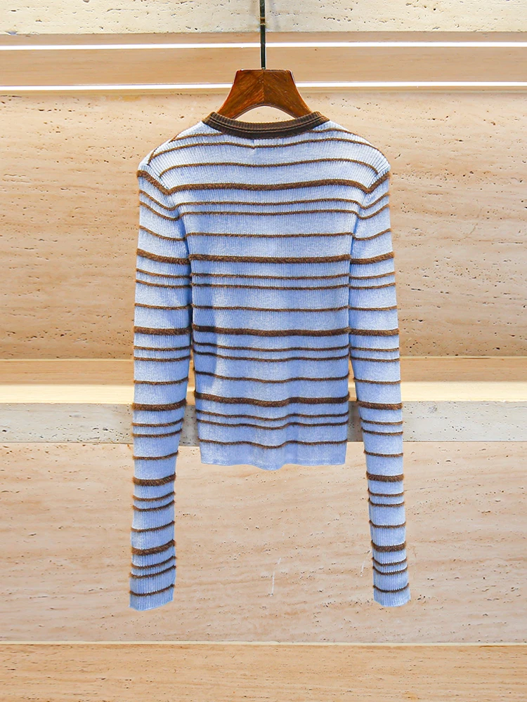 Doux Preppy Sle couleur Blo rayé coupe ajustée haut en tricot pour les femmes fibre de Polyester longue Sve ronde Ne ort longueur