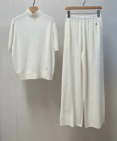 Mock Neck Knit Top & Wide Leg Knit Pants Two-Piece Set For Women