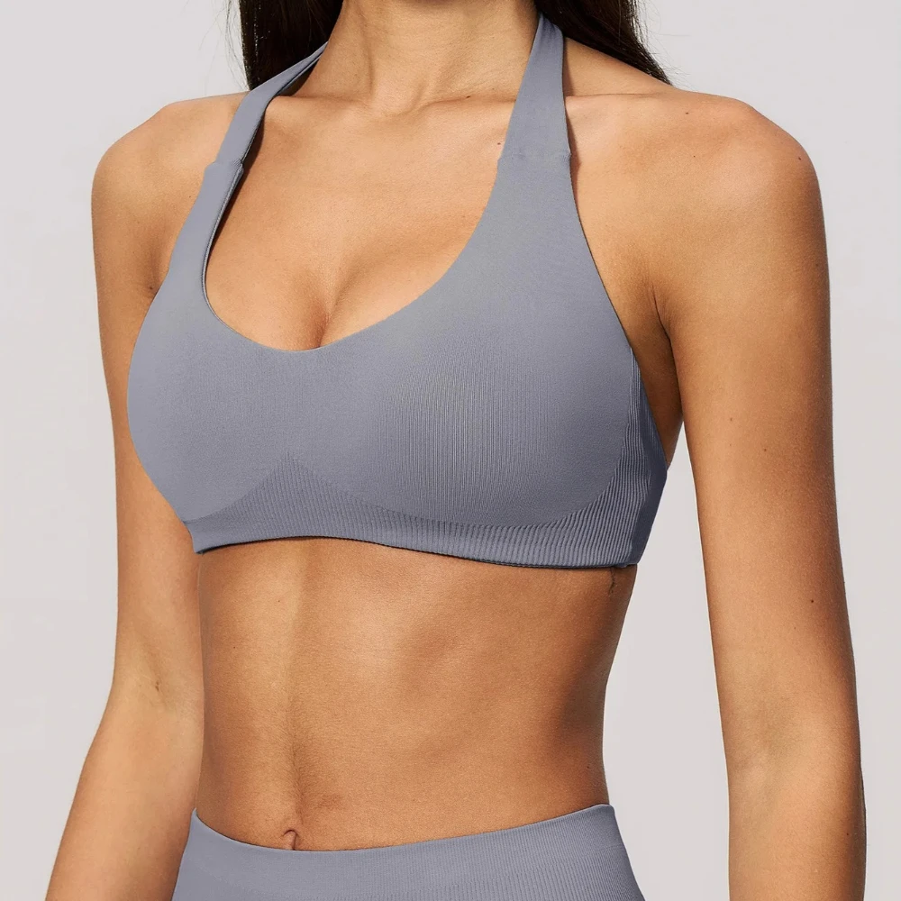 Summer Women Seamless Ribbed Halter U Neck Padded Sports Bra Yoga Top Yoga Practice Pilates Gym Running Workout Fitness Training