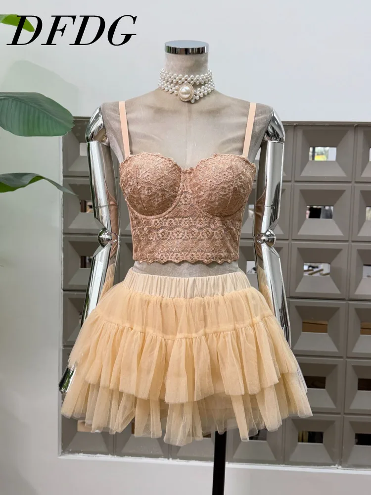 DFDG Dames Lente Zomer Beige Kant Cami Tule Rok Set Gelaagde Zoom Vrijetijdskleding 2025, Trendy Vrouwelijke Mode Outfit Set