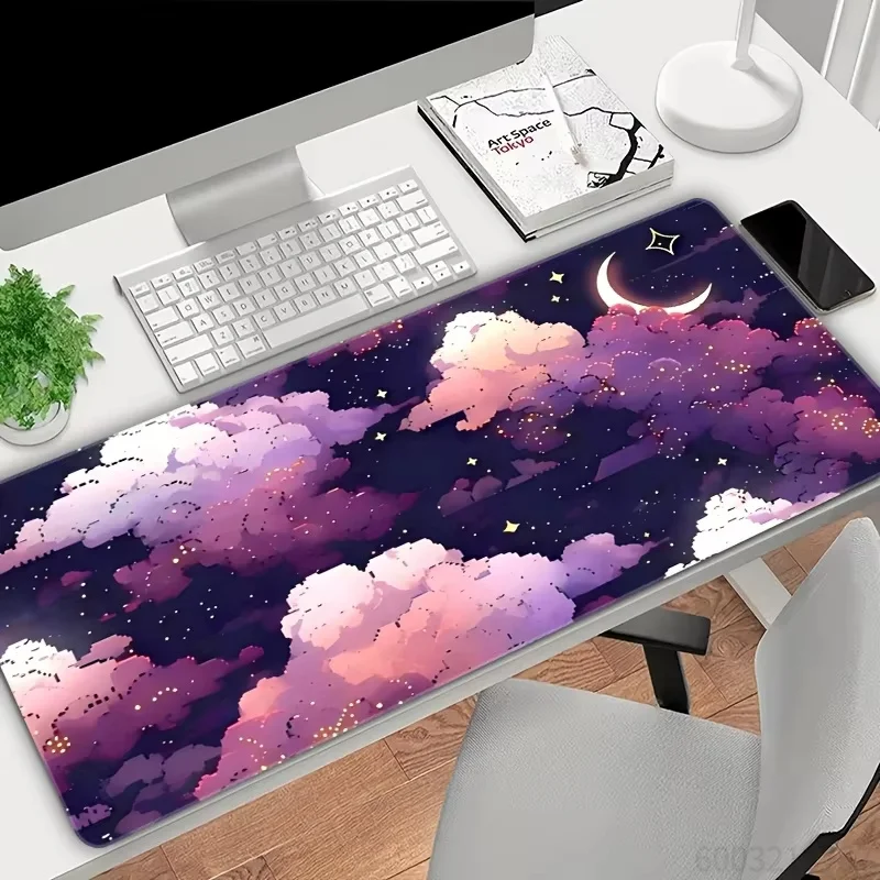 Large  Night‑view Mouse Pad, Oriental Pagoda Cherry Blossom Bridge Scenery Non‑Slip Gaming Desk , Extended Keyboard Table Pad