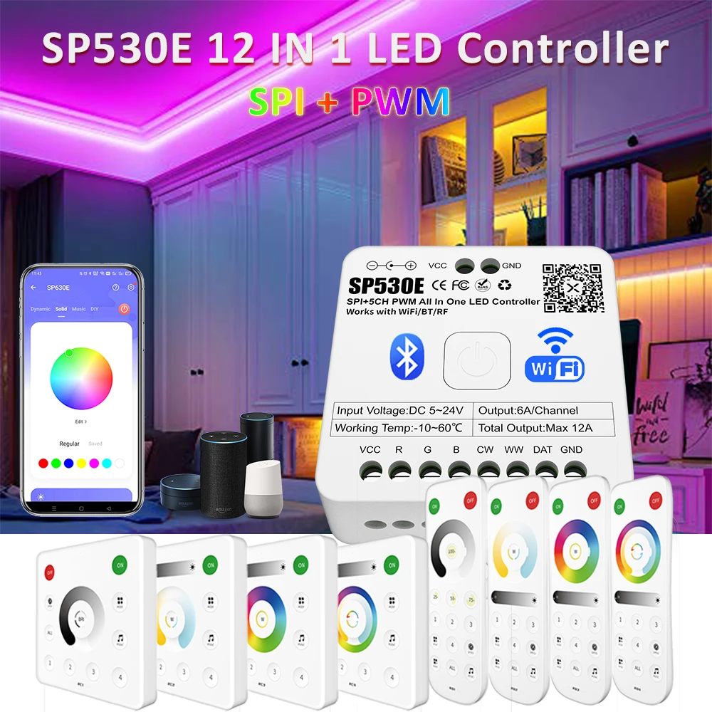 

Контроллер LED 12-в-1 SPI PWM 5CH с Wi-Fi, Bluetooth, RF-пультом для светодиодных лент WS2812B WS2811, совместим с Alexa Google Home SP530E