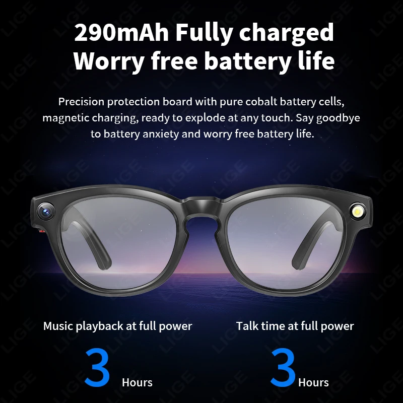 LIGE AI النظارات الذكية 4K HD كاميرا 32GB الذاكرة BT دعوة صوت مساعد ترجمة التحكم باللمس مشغل موسيقى النظارات الشمسية الرجال النساء