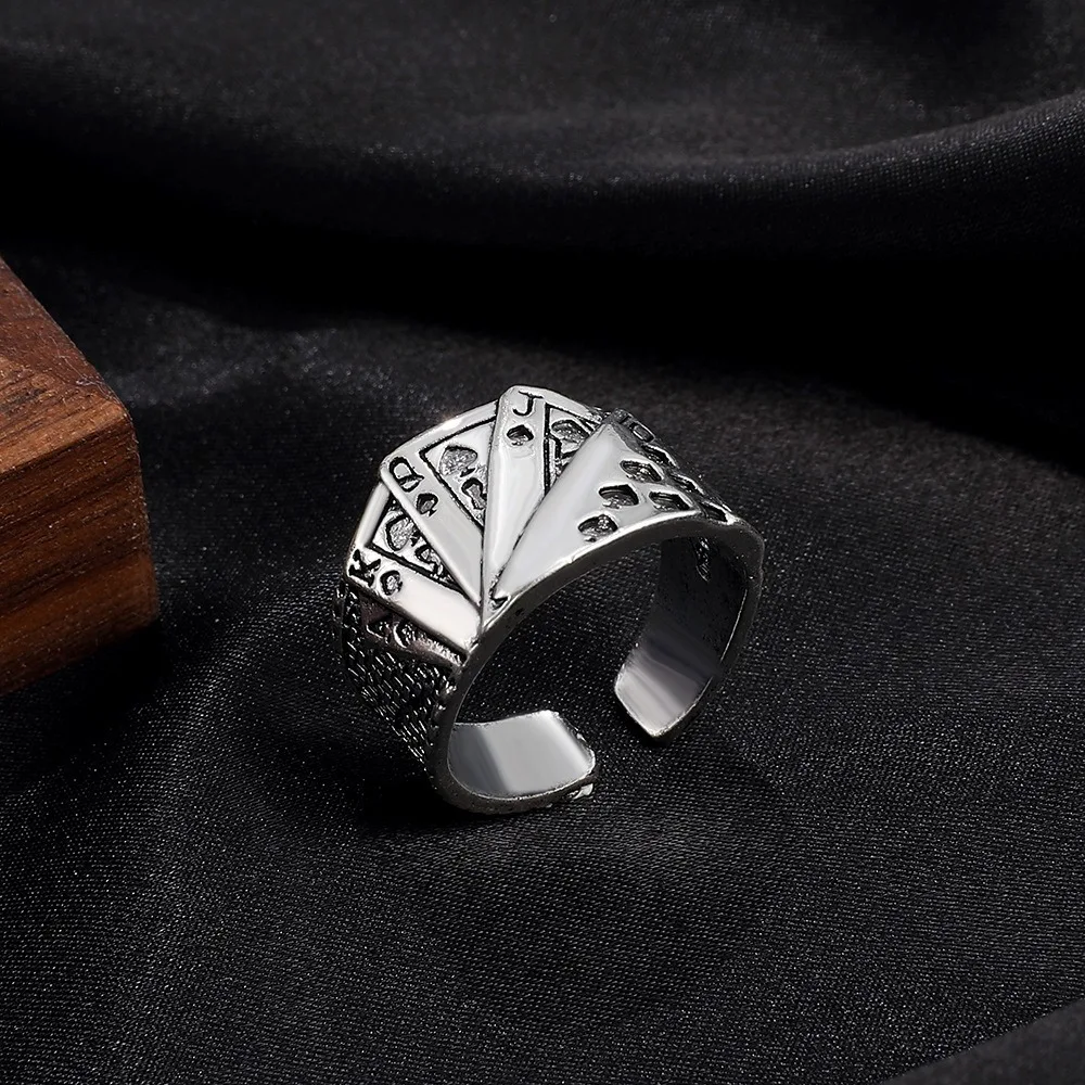 Punk Retro Metal Playing Card Ring Personality Hip Hop Rock Open Ring for Men Women Gothic Finger Jewellery Accessories Gifts