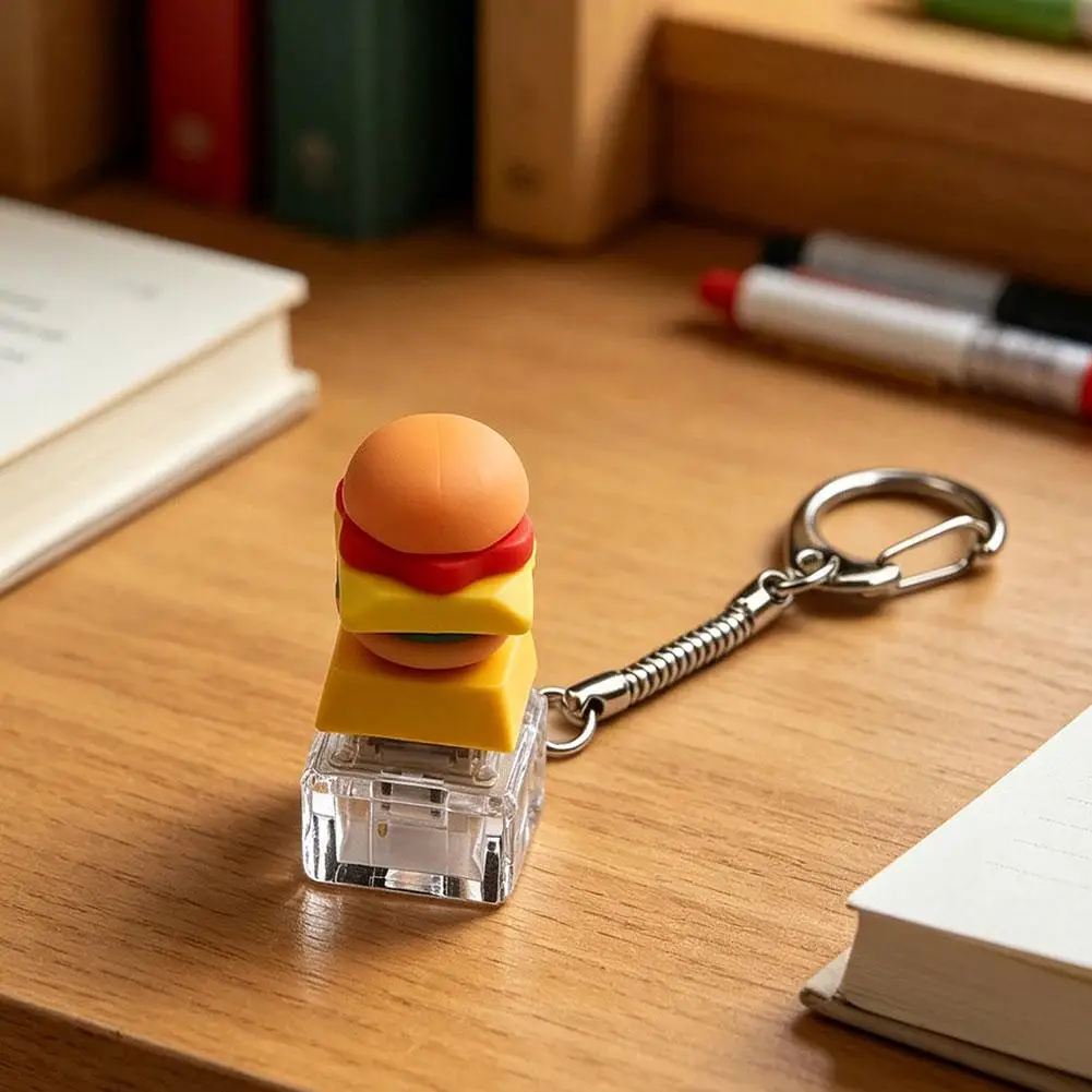 Hamburger French Fries Button Keychain Fidget Toy Mechanical Switch Stress Relief Cute Keyring for Backpack Keys Gift for Kids