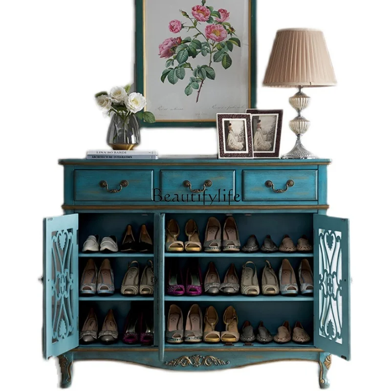 Solid Wood Hollow Shoe Cabinet Vintage Blue Home Double-Door Multi-Layer Shoe Rack Foyer Entrance Cabinet