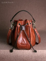 LEFT&NORTH Women's Bucket bag 2024 Genuine leather 100% Natural Cowhide Vintage Patchwork Shoulder strap handbags Original brand