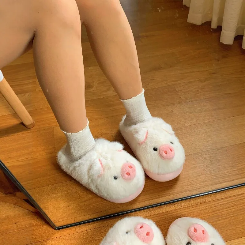 Cute Pig Plush Winter Women Slippers Thick Sole Non Slip Home Warm Bedroom Slippers New Year Couple Parent Child Gift